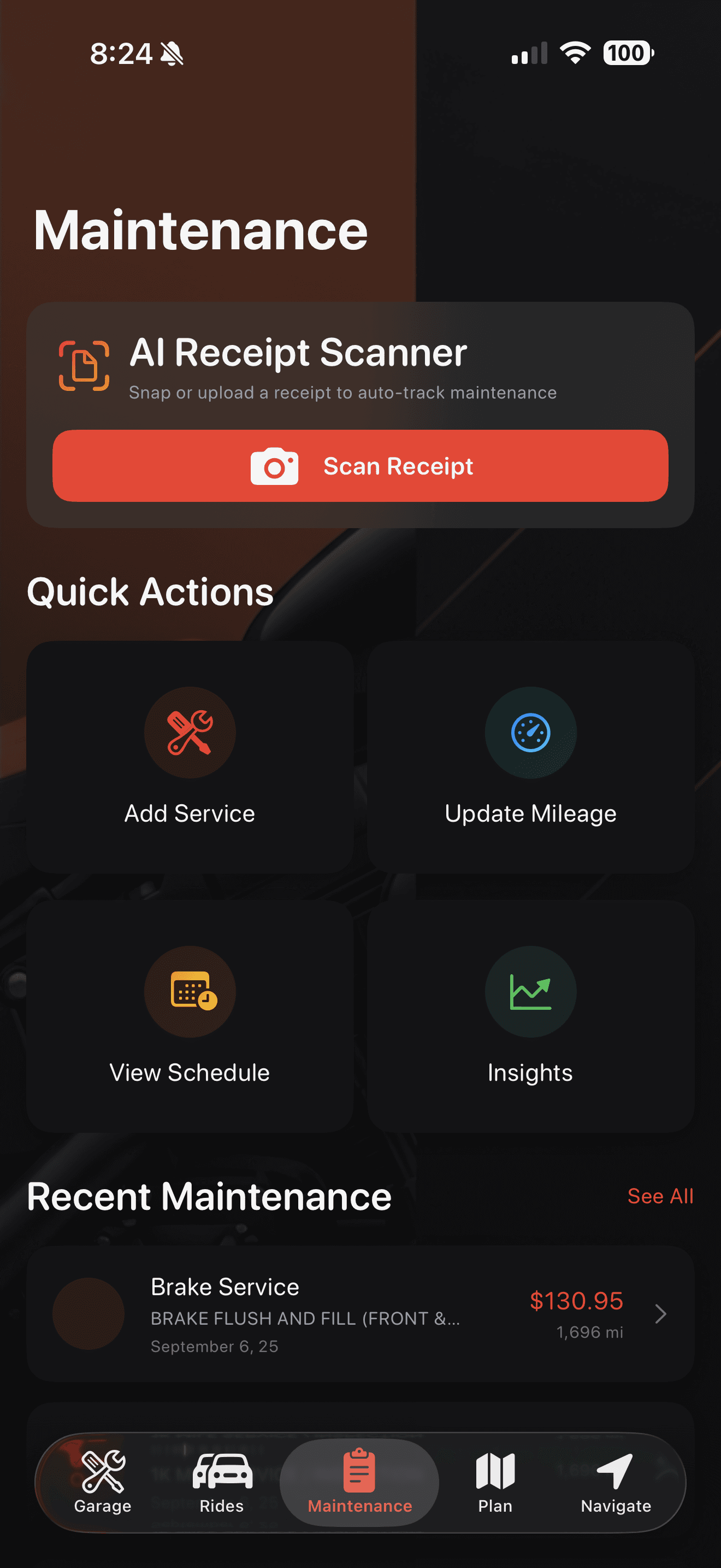 ApexTracker App Maintenance Hub - OCR receipt scanning